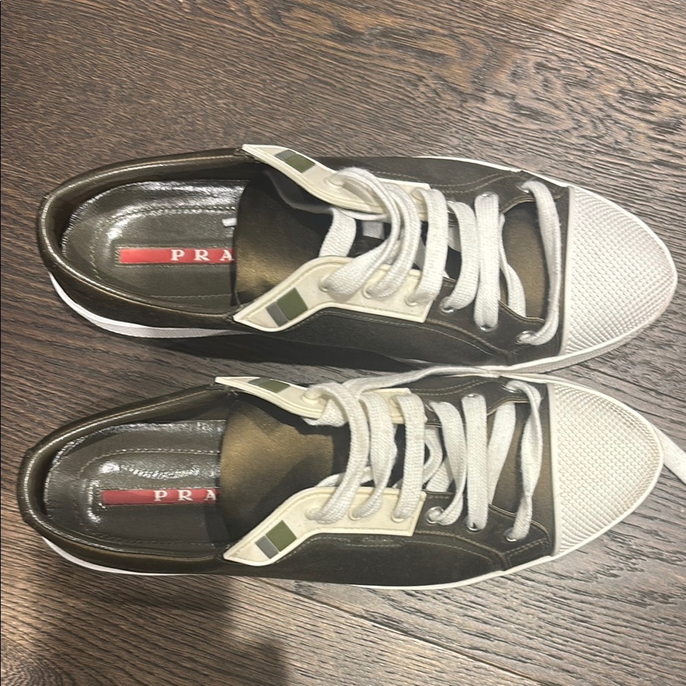 PRADA khaki and white womens sneakers 3E6334